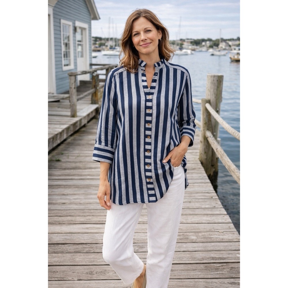 Soft Surroundings NWOT Women's White Gray Striped Nautical TopSz Medium